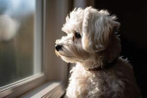 porträtt av en söt maltese hund ser ut de fönster. ai genererad foto