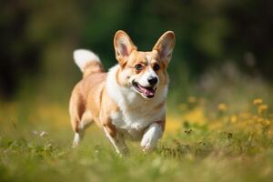 förtjusande welsh corgi pembroke hund löpning i de gräs ai genererad foto