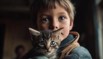 leende barn omfamnar lekfull kattunge, blå ögon låst i vänskap genererad förbi ai foto