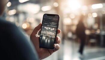 ung affärsman rörande smart telefon skärm för text meddelandehantering inomhus genererad förbi ai foto