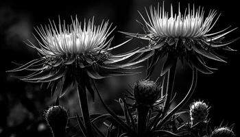 skönhet i natur färsk daisy tillväxt, skarp taggar, ömtålig kronblad genererad förbi ai foto