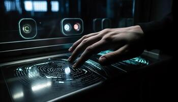 caucasian tjuv använder sig av dator tangentbord för brottslighet, rörande fingeravtryck scanner genererad förbi ai foto