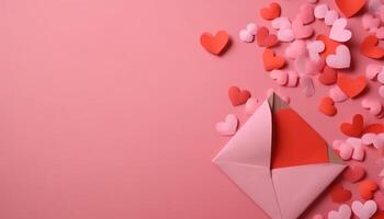 kärlek leviterar i hjärta formad origami på rosa abstrakt bakgrund genererad förbi ai foto