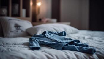 mysigt modern sovrum med blå strö och mjuk trä golv genererad förbi ai foto