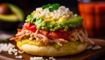 färsk guacamole och avokado smörgås på rustik trä- skärande styrelse genererad förbi ai foto