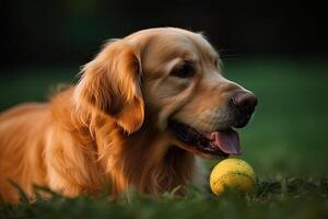 gyllene retriever spelar med en tennis boll i de parkera. ai genererad foto