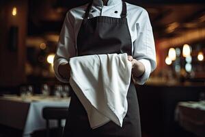 stänga upp av en servitör innehav en vit servett i en restaurang, en manlig server bär en server enhetlig och innehav en handduk, ai genererad foto