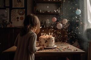 söt liten flicka blåser ut ljus på en födelsedag kaka på Hem, en liten flicka blåser ut en ljus på en födelsedag kaka, ai genererad foto