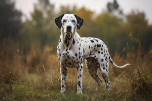 dalmatian hund stående i höst fält. selektiv fokus. ai genererad foto