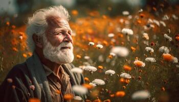 leende senior man åtnjuter natur gul blommor i lugn äng genererad förbi ai foto