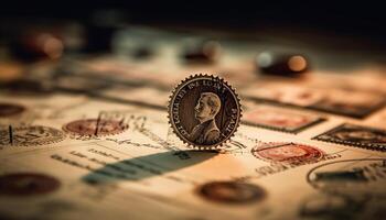 rikedom tillväxt antik mynt stack betalar av skuld, gör pengar genererad förbi ai foto