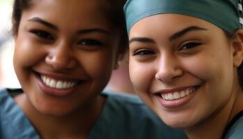 två ung kvinnor leende med förtroende i en huvudskott porträtt genererad förbi ai foto