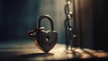 säkra kärlek olåst med rostig nyckelhål symbol på gammal hänglås genererad förbi ai foto