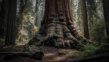 lugn scen av gammal barr- träd i mystisk skog vildmark genererad förbi ai foto