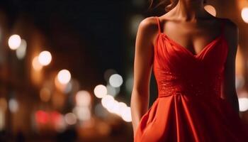 lysande ung kvinna i elegant kväll klänning åtnjuter nattliv firande genererad förbi ai foto