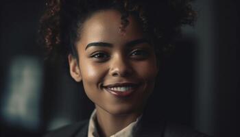 självsäker ung affärskvinna leende för porträtt i företags- kontor miljö genererad förbi ai foto