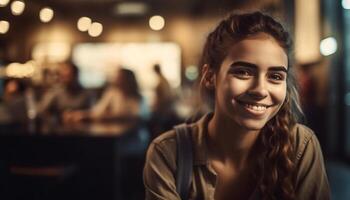 ung vuxna njuter kaffe på modern kaffe affär, leende självsäkert genererad förbi ai foto