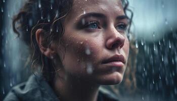 ett ledsen ung kvinna ser bort, regndroppe på fönster genererad förbi ai foto
