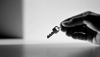 upplåsning Framgång hand innehav hus nyckel symboliserar Hem äganderätt prestation genererad förbi ai foto