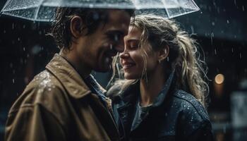 leende ung par omfamnar i de regn, njuter samhörighet genererad förbi ai foto