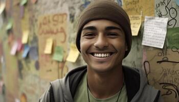 ung vuxen med toothy leende står i främre av graffiti genererad förbi ai foto
