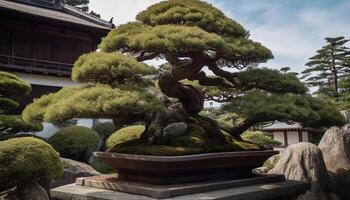 lugn scen av utsmyckad lykta i formell japansk trädgård genererad förbi ai foto