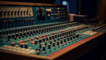ljud ingenjör justeras audio Utrustning i upplyst inspelning studio genererad förbi ai foto