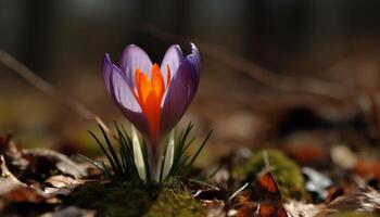 vibrerande krokus blomma i naturlig äng, skönhet i natur tillväxt genererad förbi ai foto