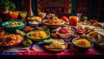 mång färgad skål innehar traditionell mexikansk guacamole med tortilla pommes frites genererad förbi ai foto