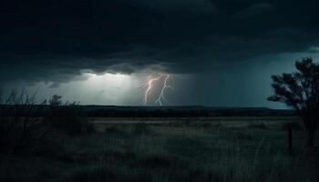 elektricitet knakar genom olycksbådande storm moln över lantlig landskap silhuett genererad förbi ai foto