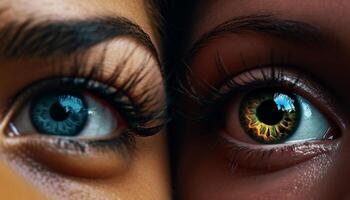 ung vuxen kvinnor ser på kamera med skön ögonfransar genererad förbi ai foto