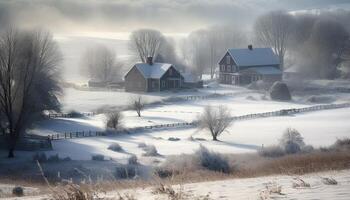 vinter- landskap snö täckt träd, frostig dimma, övergiven hydda mysterium genererad förbi ai foto