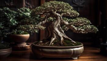 japansk krukmakeri samling ställer ut tillväxt av natur inomhus med elegans genererad förbi ai foto