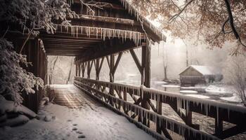 vinter- landskap snö täckt skog, gammal hydda, bruten bro, läskigt mysterium genererad förbi ai foto