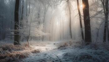 lugn scen av en snöig skog på gryning i vinter- genererad förbi ai foto