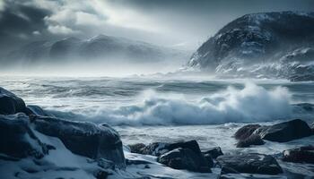 brytning vågor krascha på klippig kustlinje, skönhet i natur raseri genererad förbi ai foto