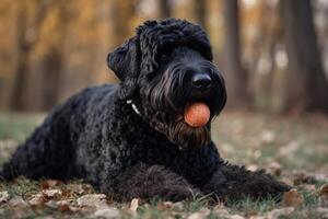 svart ryska terrier med en boll i de höst parkera. ai genererad foto