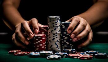 staplade hasardspel pommes frites på tabell, mänsklig hand innehav tur och risk genererad förbi ai foto