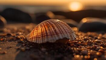 Sol kysste sjöstjärna på våt sand, en souvenir av semester genererad förbi ai foto