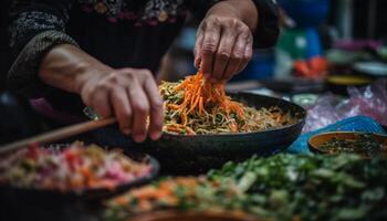 färsk skaldjur sallad, hemlagad med organisk grönsaker, eras utomhus genererad förbi ai foto