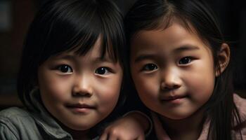 Lycklig syskon av olika etniciteter obligation i glad barndom porträtt genererad förbi ai foto