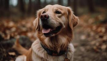 gyllene retriever Sammanträde i gräs, ser på kamera med lycka genererad förbi ai foto