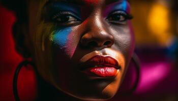 skön ung afrikansk kvinna med lysande mång färgad göra upp genererad förbi ai foto