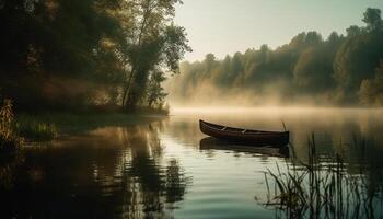 tyst kanot glider genom lugn höst skog, reflekterande skönhet genererad förbi ai foto