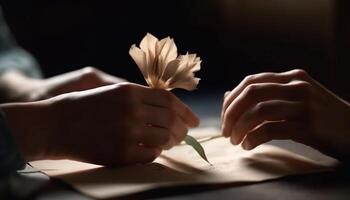 kärlek och kreativitet blomma på tabell, hand innehav enda blomma genererad förbi ai foto