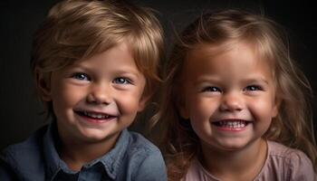 leende litet barn och syskon dela med sig lekfull obligation i stänga upp porträtt genererad förbi ai foto