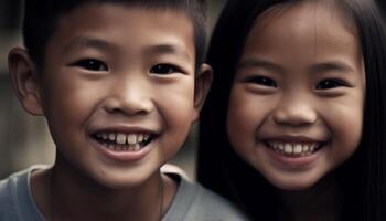 två glad kinesisk tjejer, stänga upp porträtt, ser på kamera genererad förbi ai foto