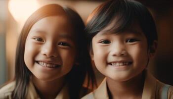 leende syskon njut av lekfull barndom tillsammans i beijing utbildning Centrum genererad förbi ai foto