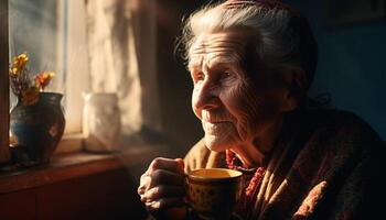 senior kvinna åtnjuter varm kaffe i bekväm vinter- Hem interiör genererad förbi ai foto