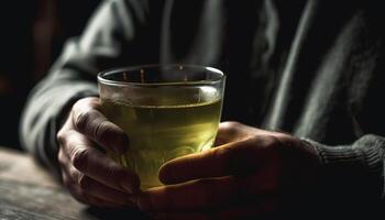 hand innehav whisky glas, man dricka alkohol på bar etablering genererad förbi ai foto